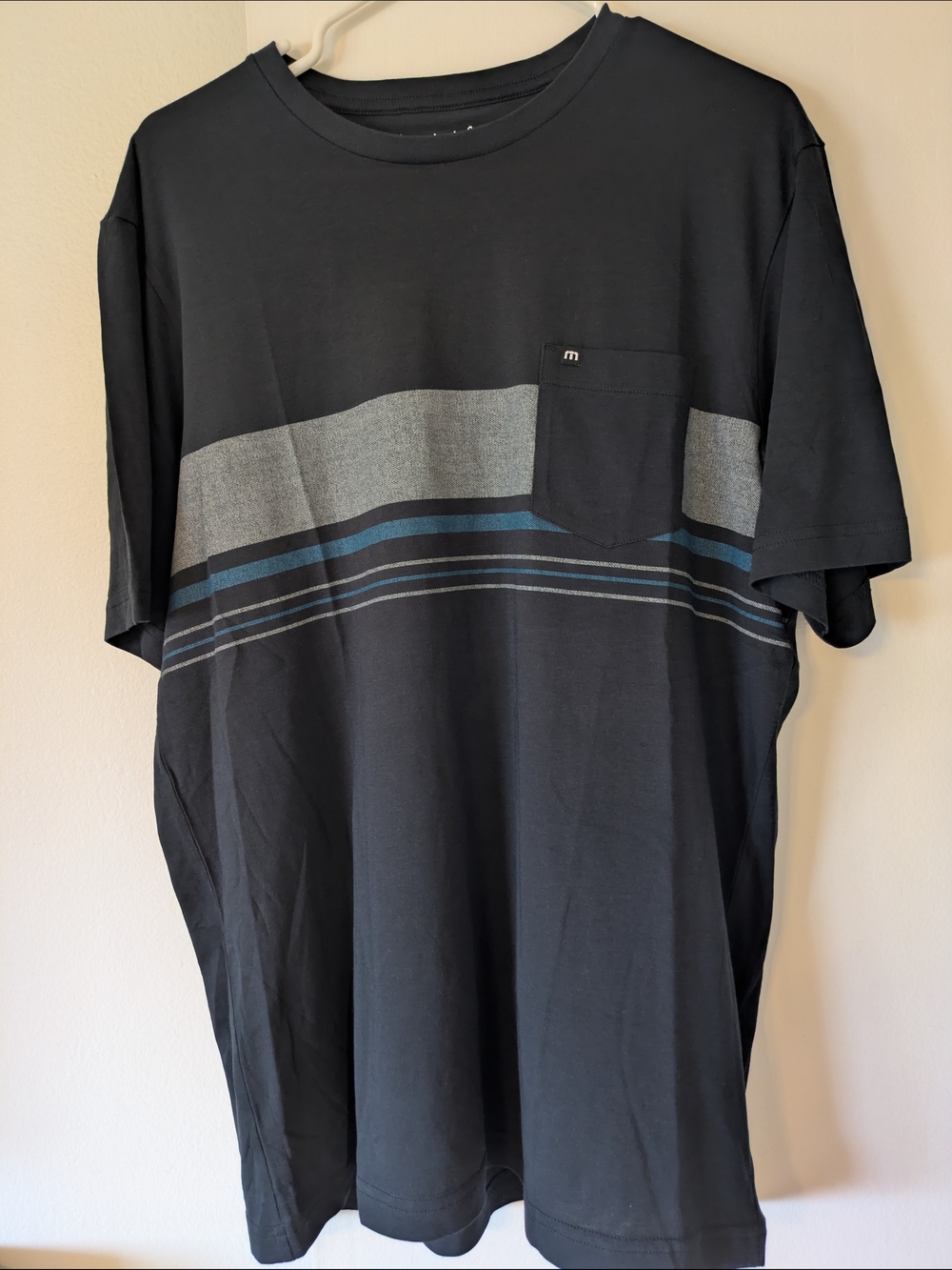 Travis Mathew Black T-Shirt with Gray and Blue Chest Stripes- L (NWOT)
